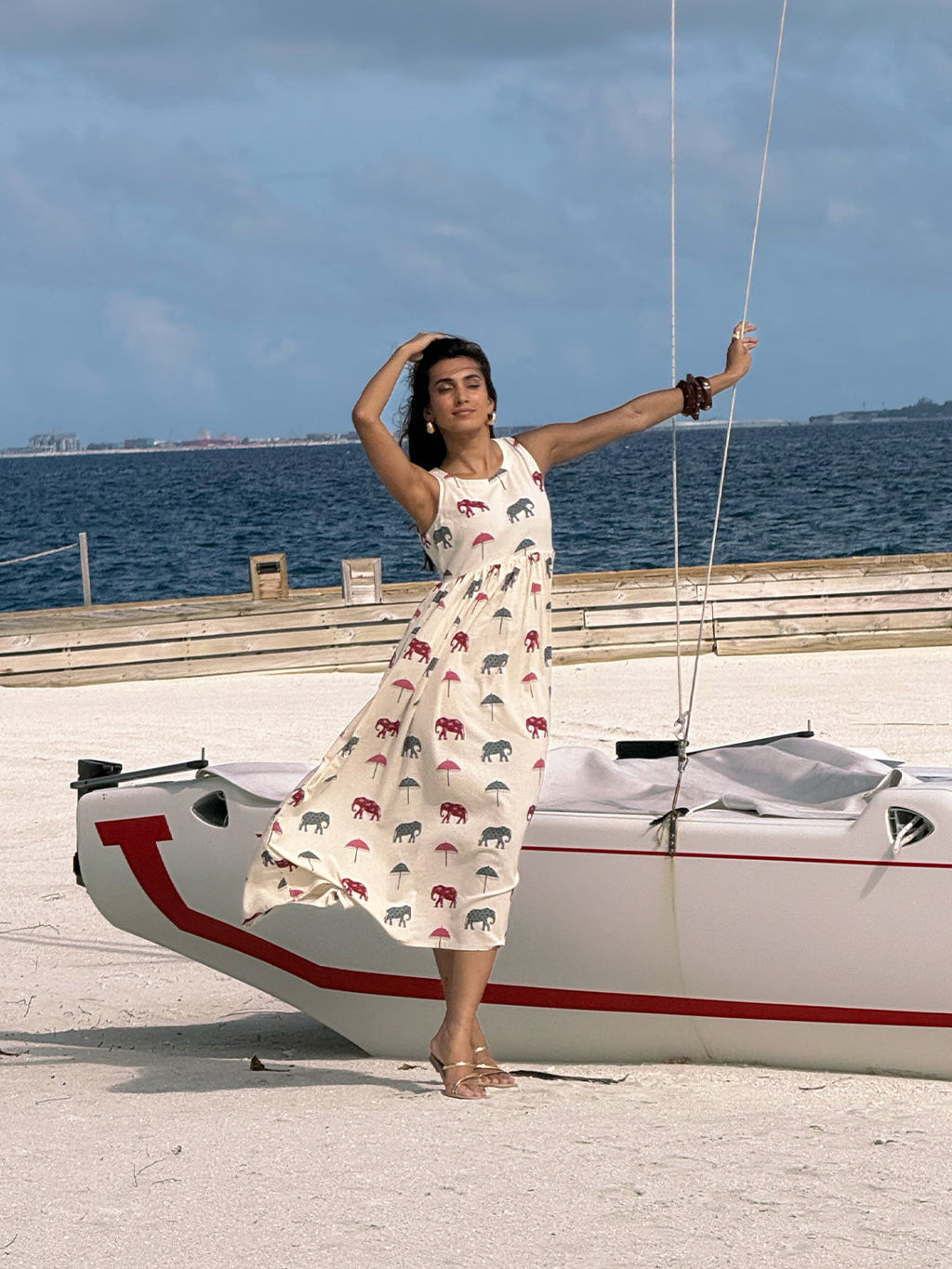 Libas Off White Elephant Printed A-Line Cotton One-Piece Dress