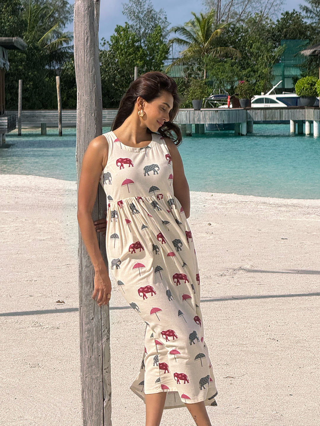 Libas Off White Elephant Printed A-Line Cotton One-Piece Dress
