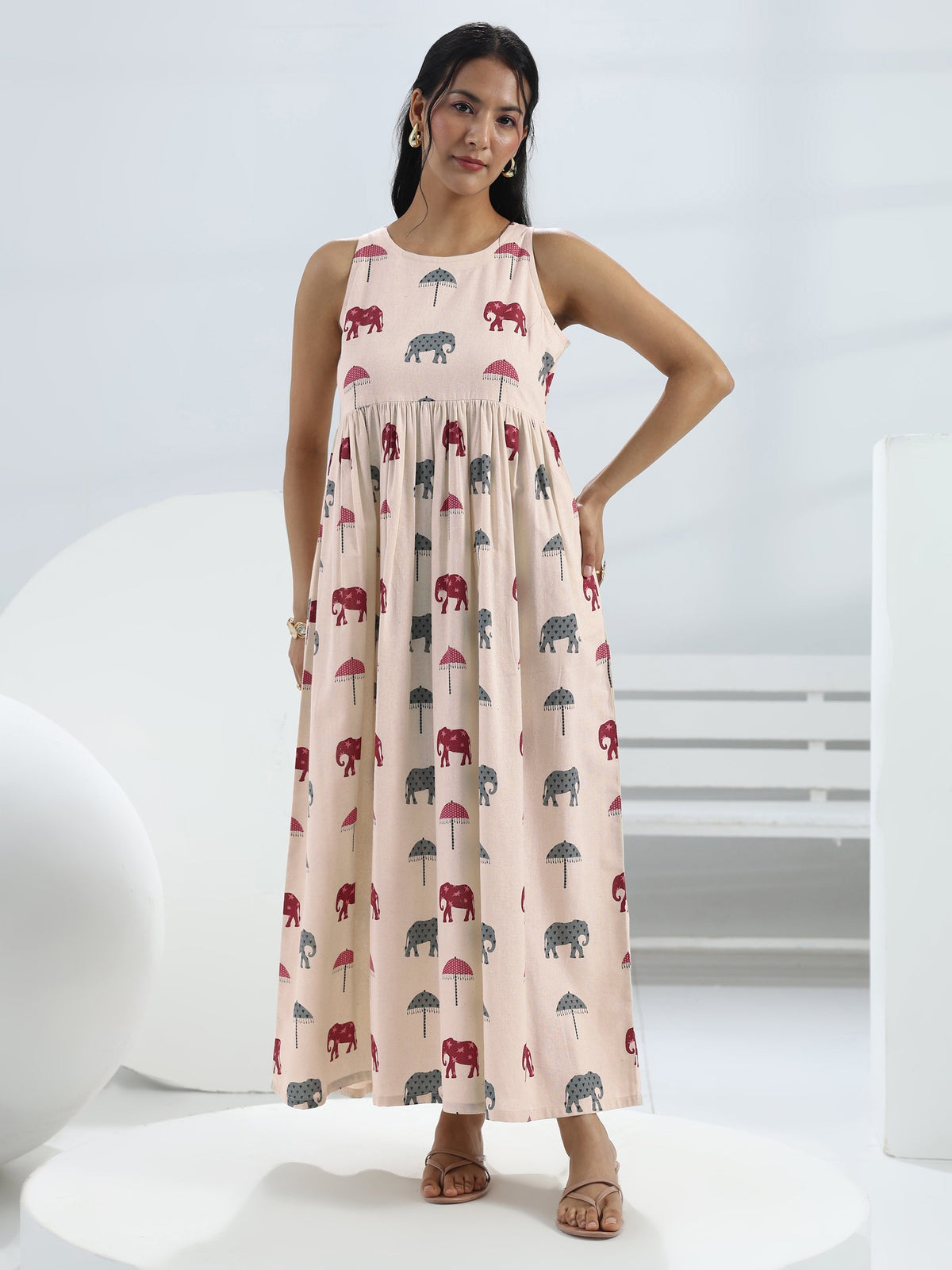 Libas Off White Elephant Printed A-Line Cotton One-Piece Dress