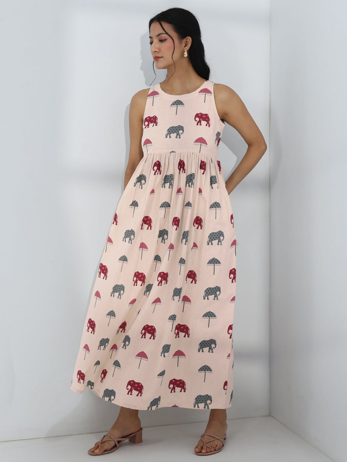 Libas Off White Elephant Printed A-Line Cotton One-Piece Dress