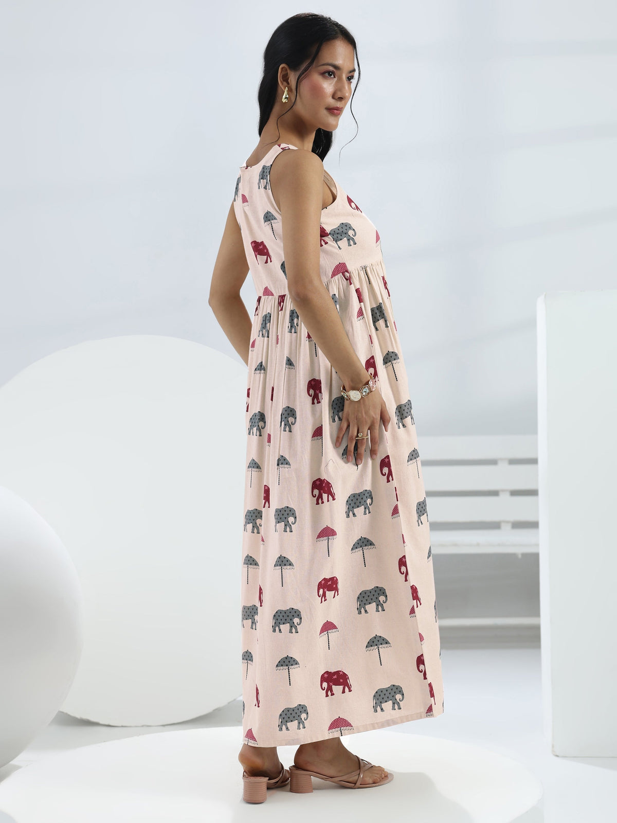 Libas Off White Elephant Printed A-Line Cotton One-Piece Dress