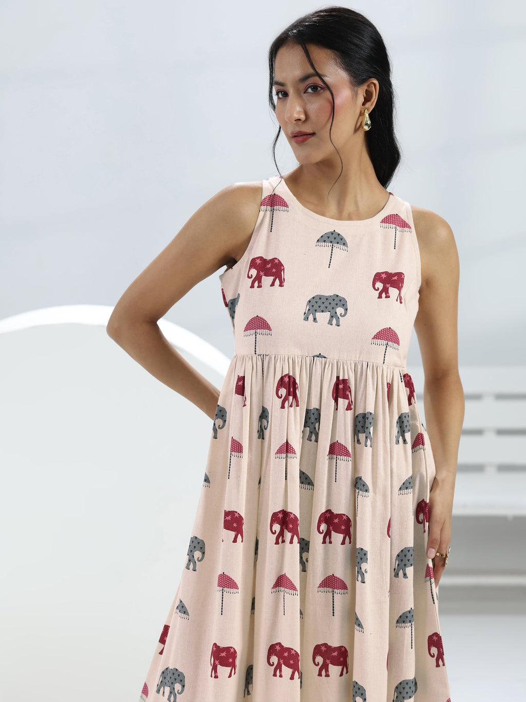 Libas Off White Elephant Printed A-Line Cotton One-Piece Dress