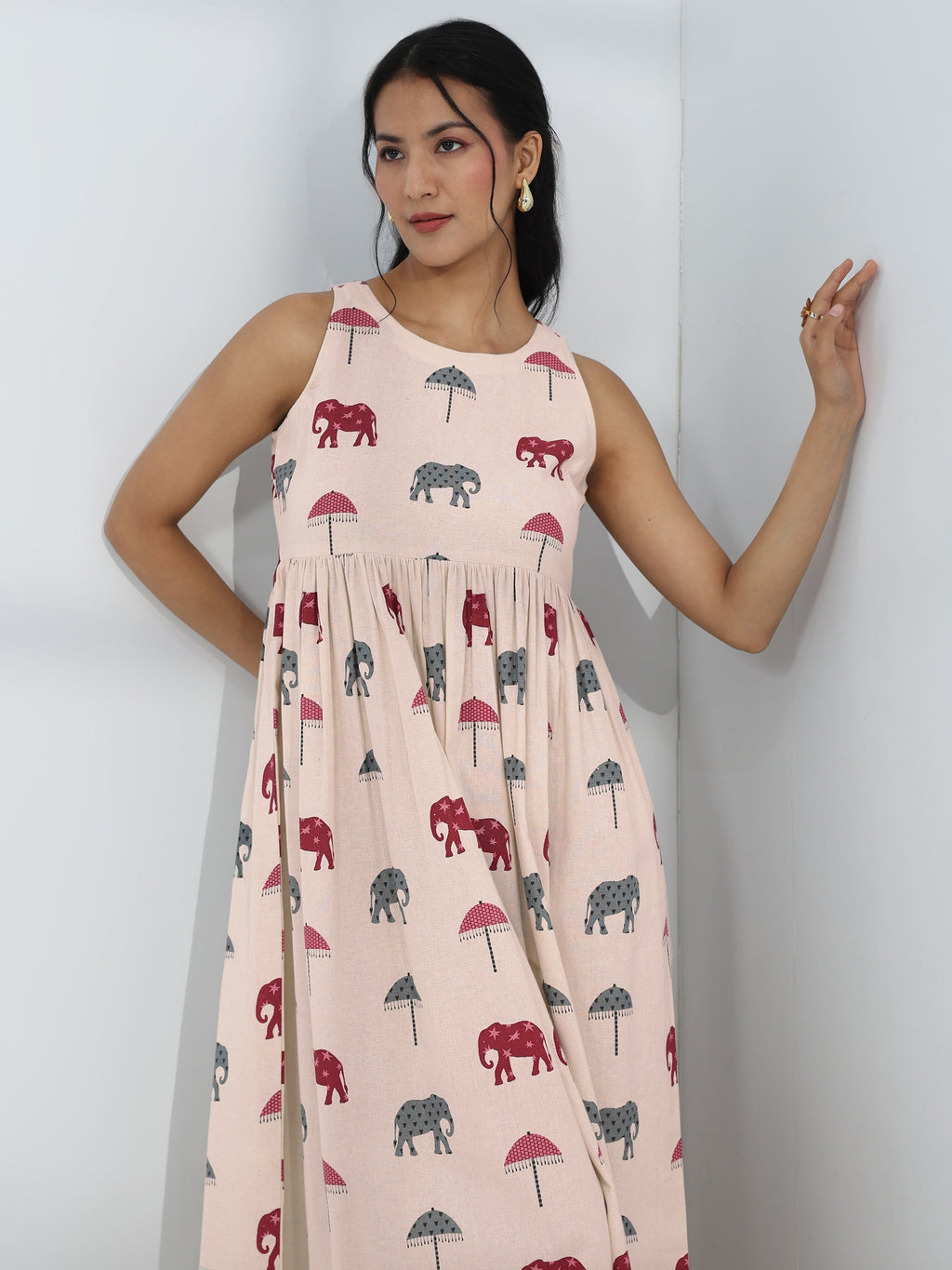 Libas Off White Elephant Printed A-Line Cotton One-Piece Dress