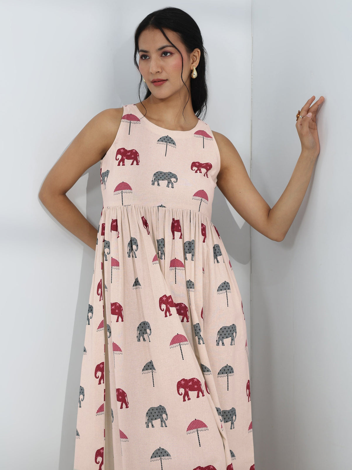 Libas Off White Elephant Printed A-Line Cotton One-Piece Dress