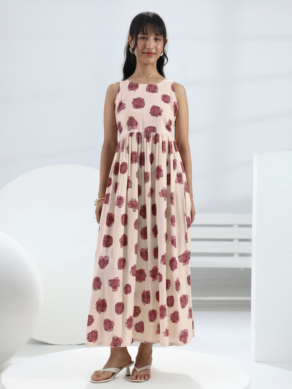 Libas Off-White Abstract Printed Fit-And-Flare Cotton One-Piece Dress