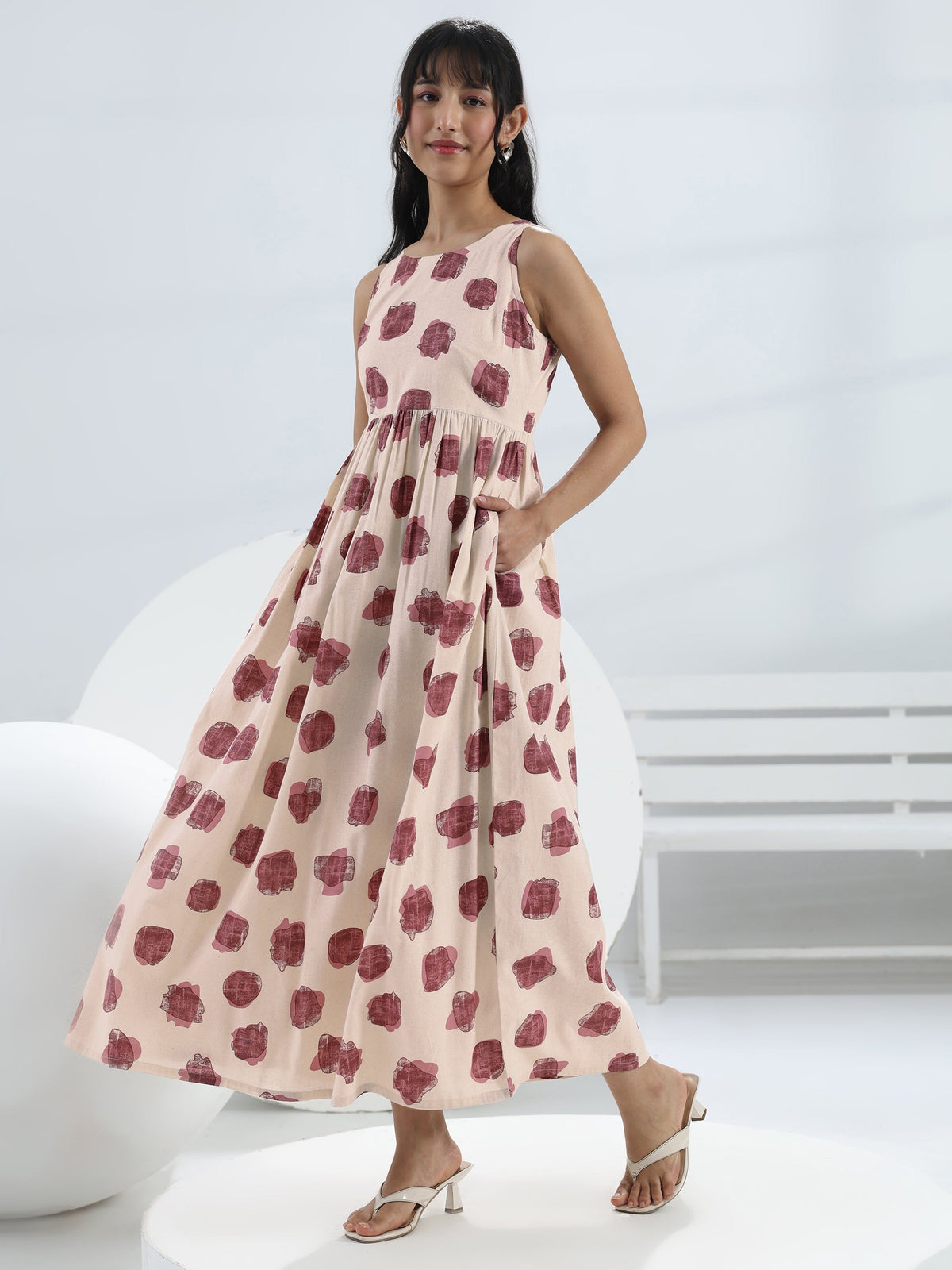 Libas Off-White Abstract Printed Fit-And-Flare Cotton One-Piece Dress
