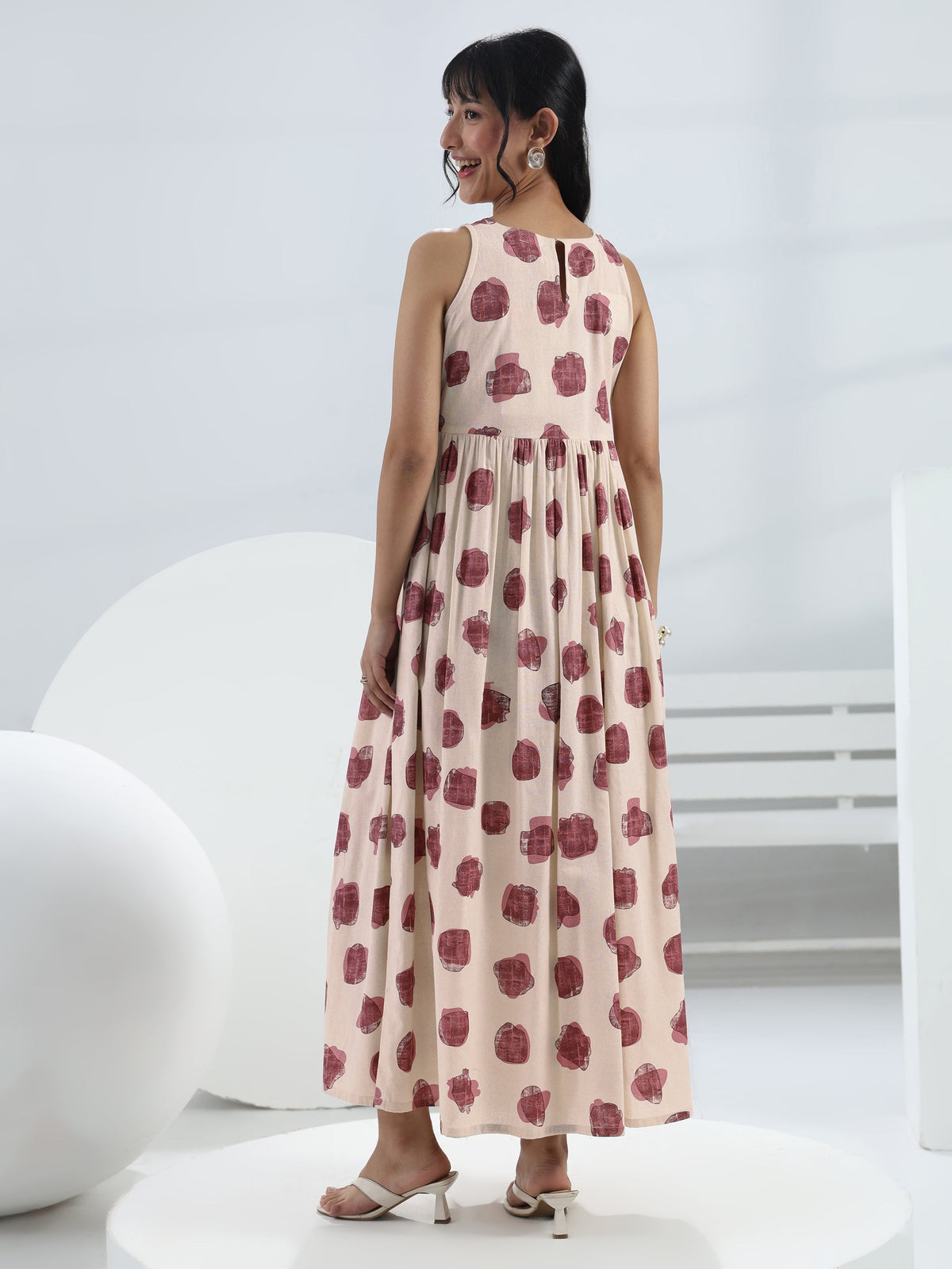 Libas Off-White Abstract Printed Fit-And-Flare Cotton One-Piece Dress
