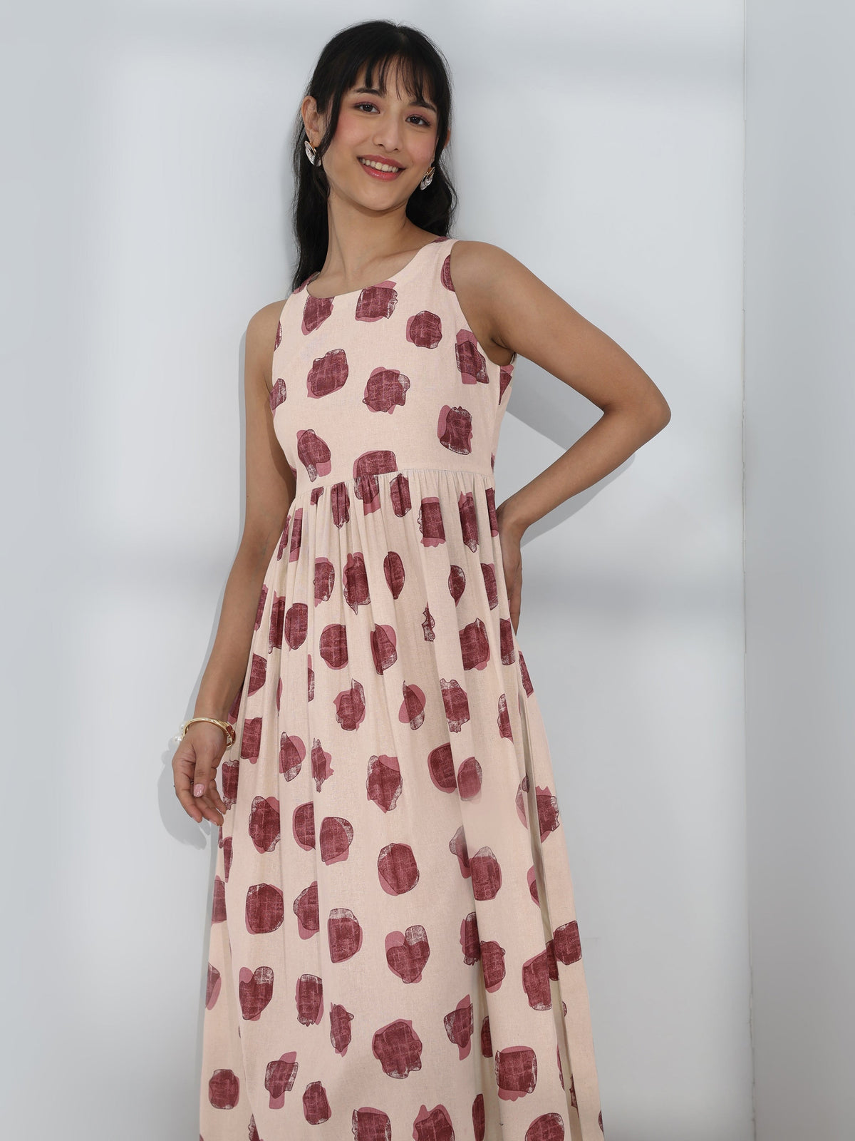 Libas Off-White Abstract Printed Fit-And-Flare Cotton One-Piece Dress