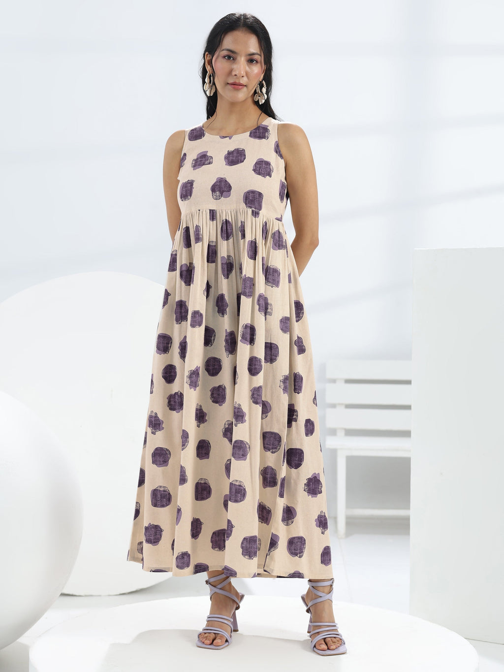 Libas Off-White Abstract Printed A-Line Cotton One-Piece Dress