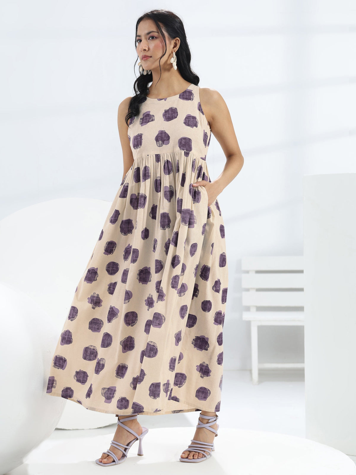 Libas Off-White Abstract Printed A-Line Cotton One-Piece Dress