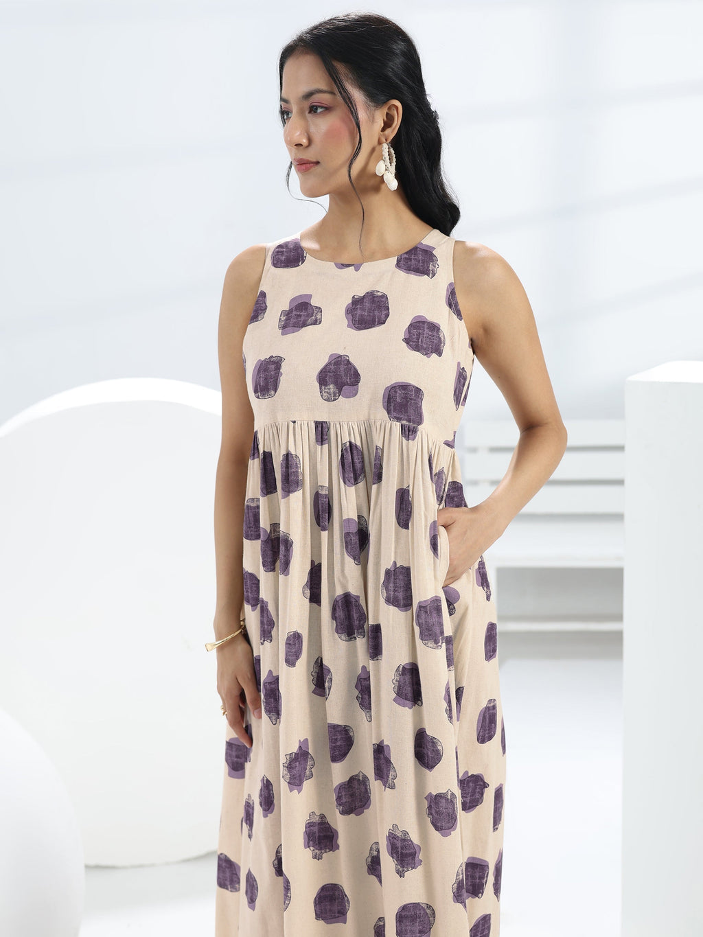 Libas Off-White Abstract Printed A-Line Cotton One-Piece Dress