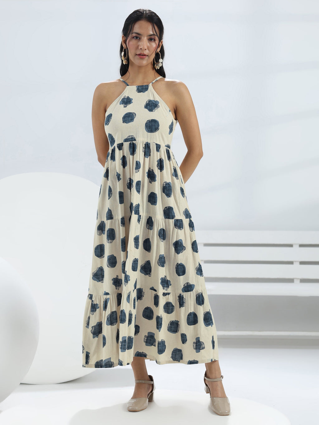 Libas Off White Printed Cotton One-Piece Tiered Dress