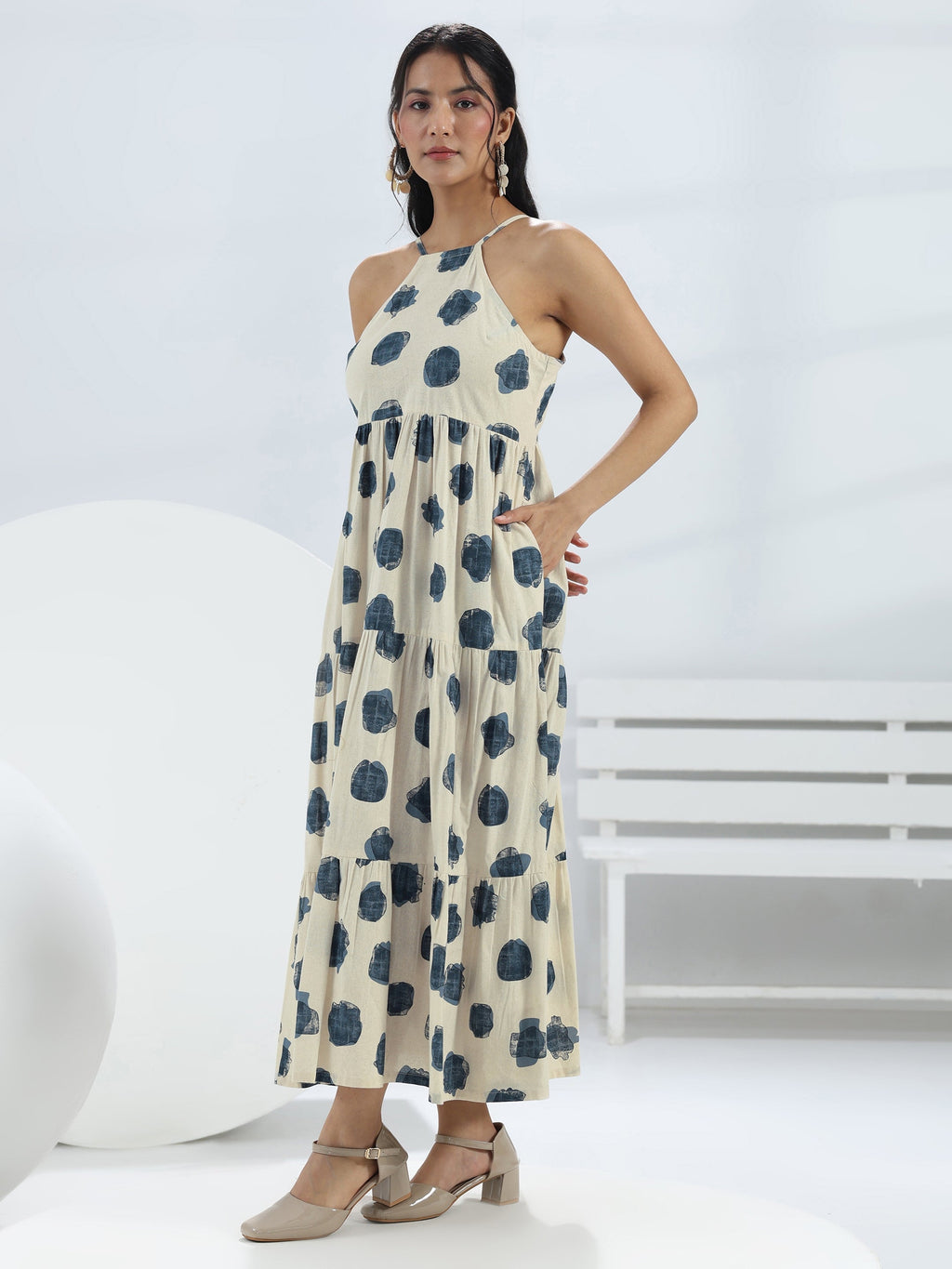 Libas Off White Printed Cotton One-Piece Tiered Dress