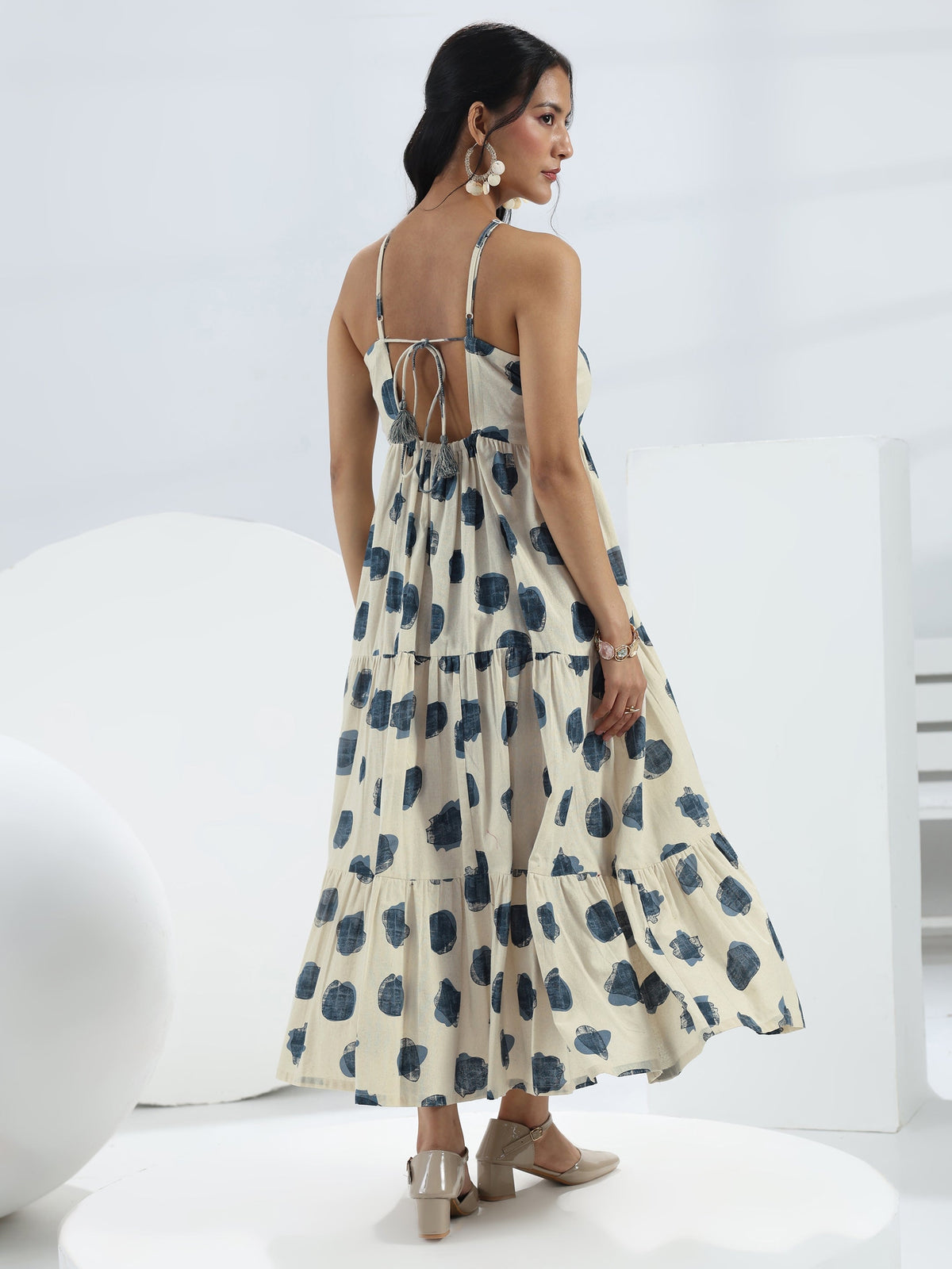 Libas Off White Printed Cotton One-Piece Tiered Dress