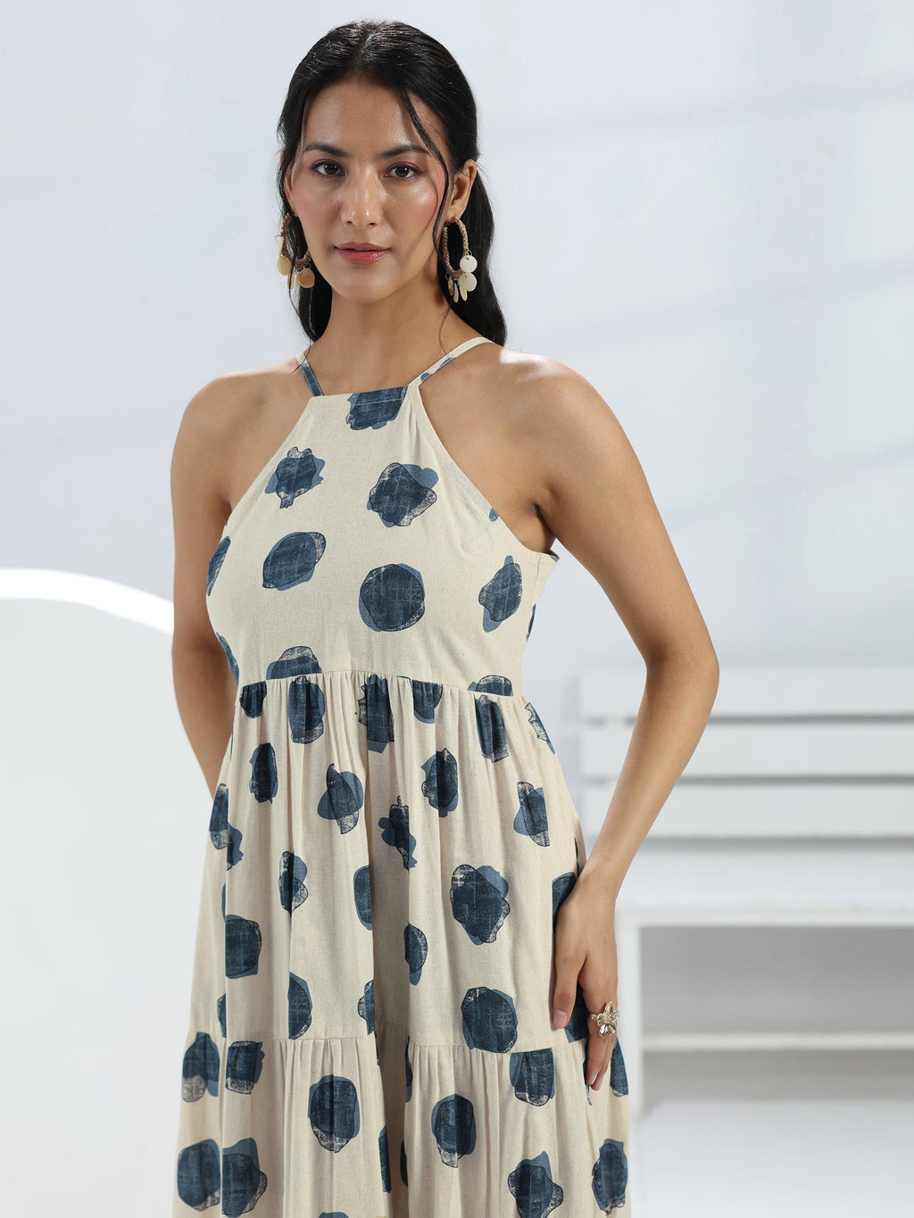 Libas Off White Printed Cotton One-Piece Tiered Dress