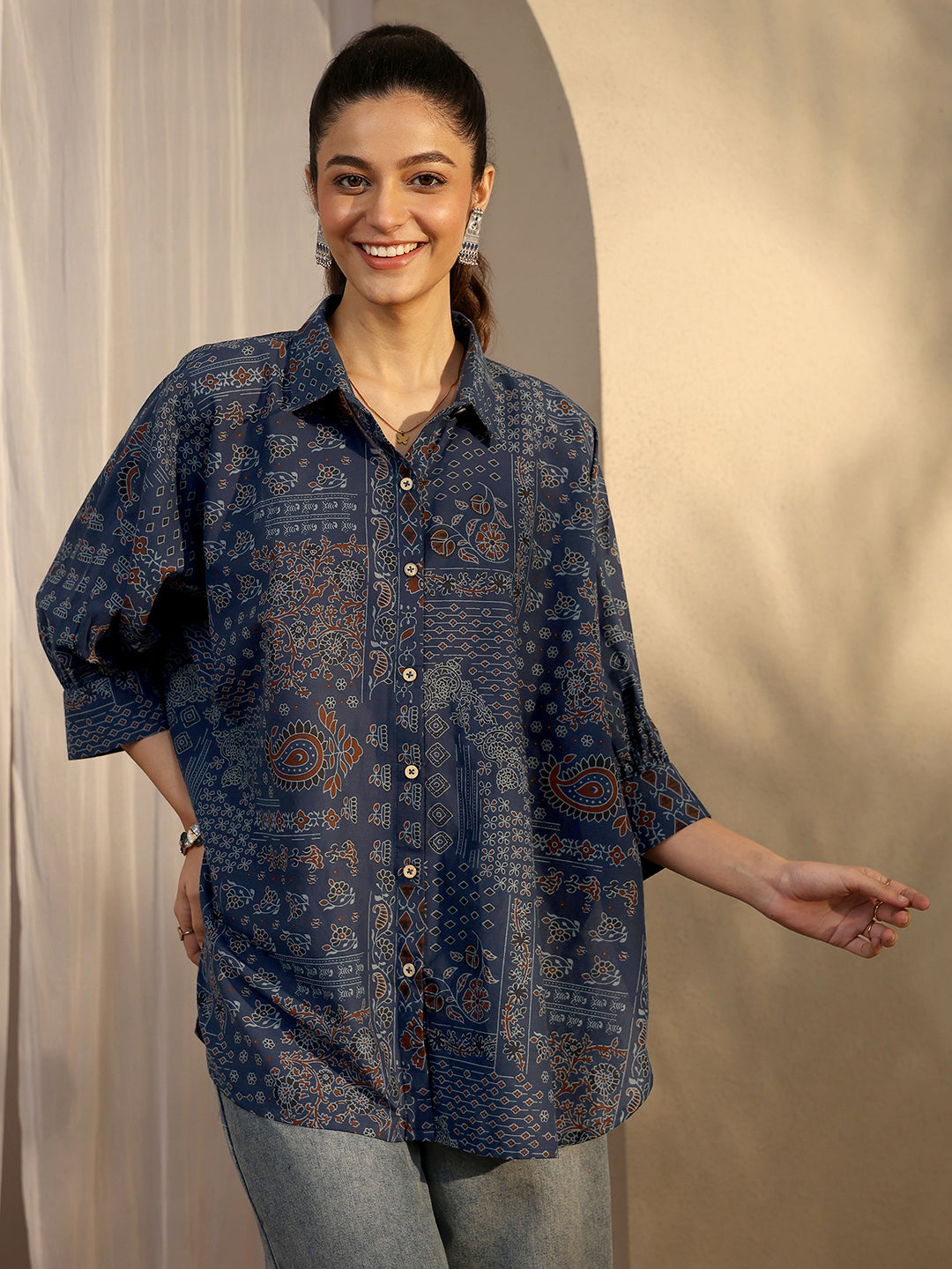 Libas Blue Paisley Printed Cotton Straight Shirt K60