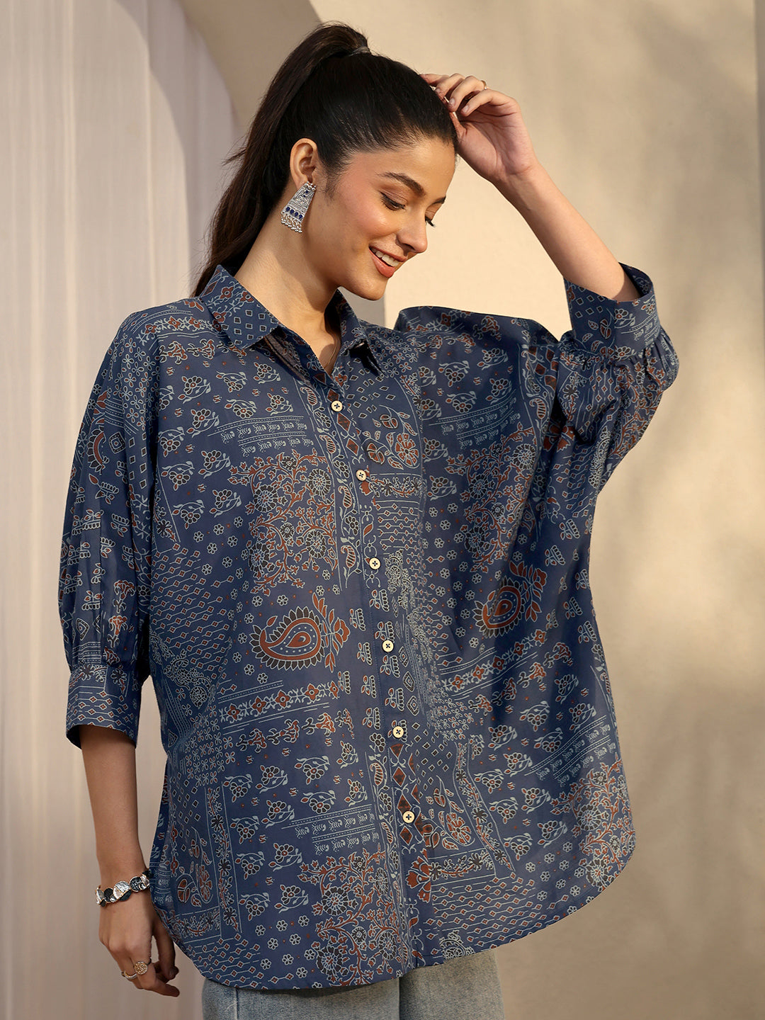 Libas Blue Paisley Printed Cotton Straight Shirt K60