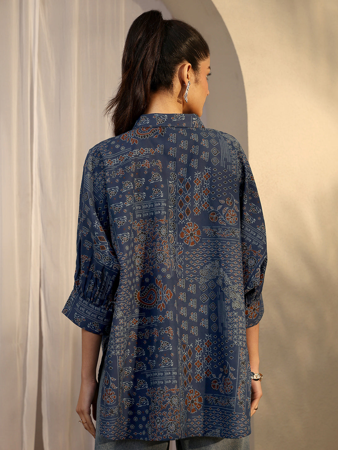 Libas Blue Paisley Printed Cotton Straight Shirt K60