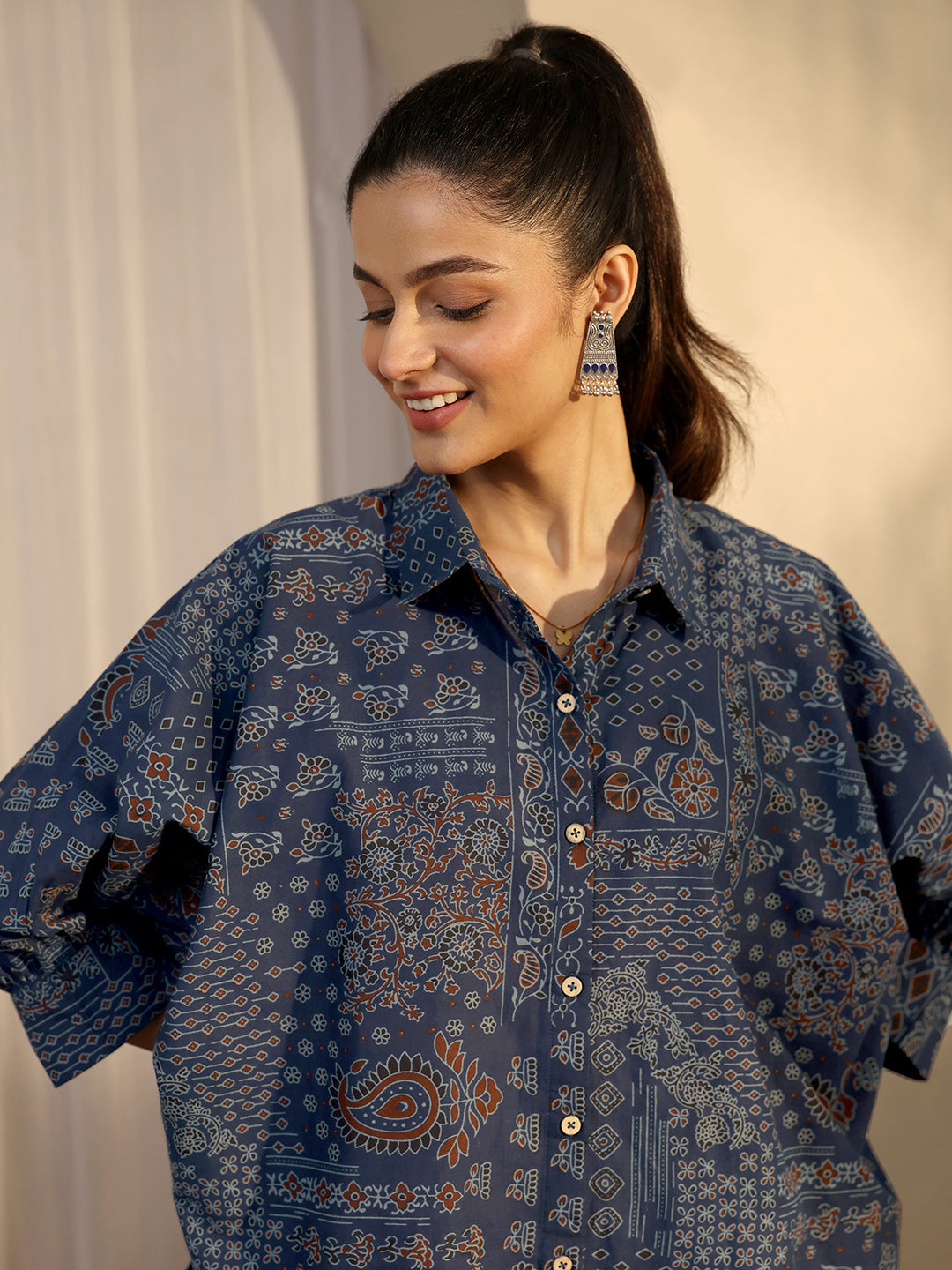 Libas Blue Paisley Printed Cotton Straight Shirt K60