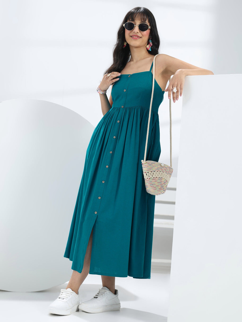 Libas Blue Solid Cotton One-Piece Dress