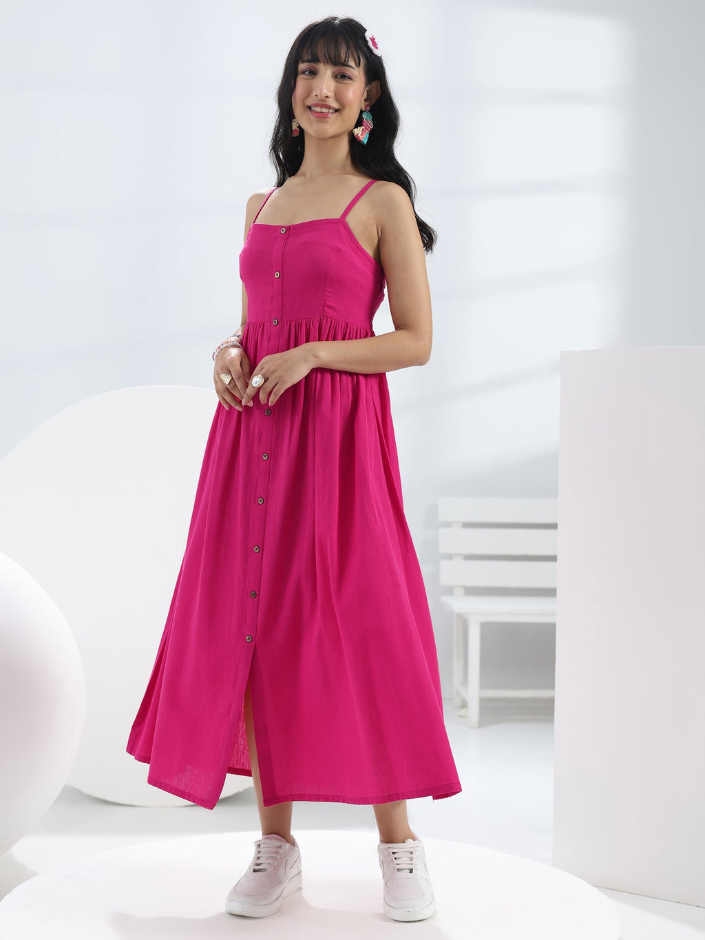 Libas Pink Solid Cotton One-Piece Dress