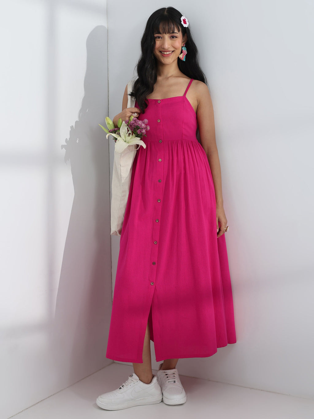 Libas Pink Solid Cotton One-Piece Dress