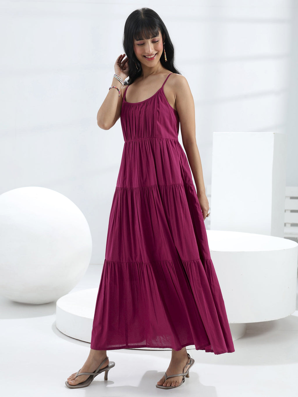 Libas Burgundy Solid Cotton One-Piece Dress