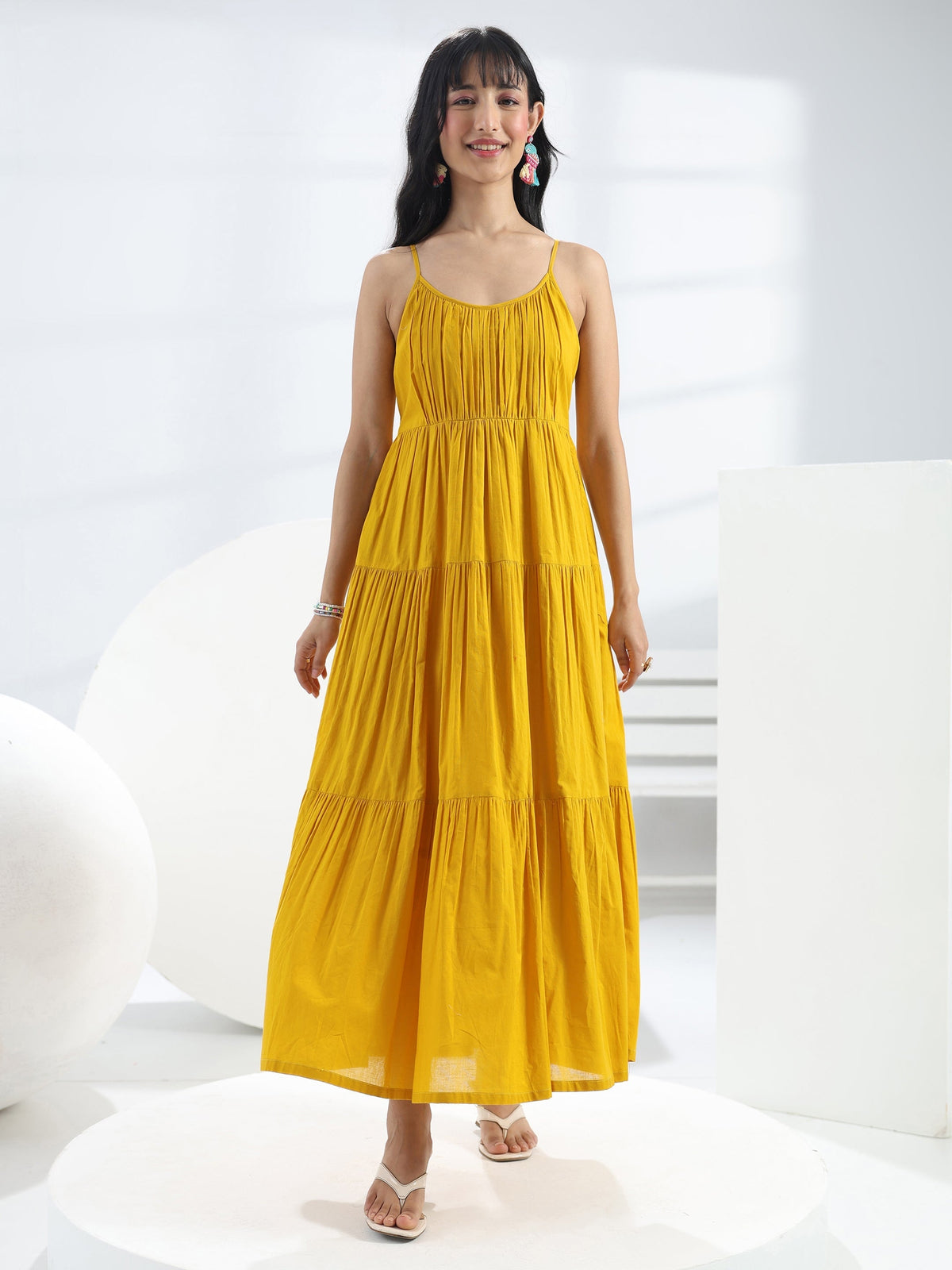 Libas Yellow Solid Cotton One-Piece Dress