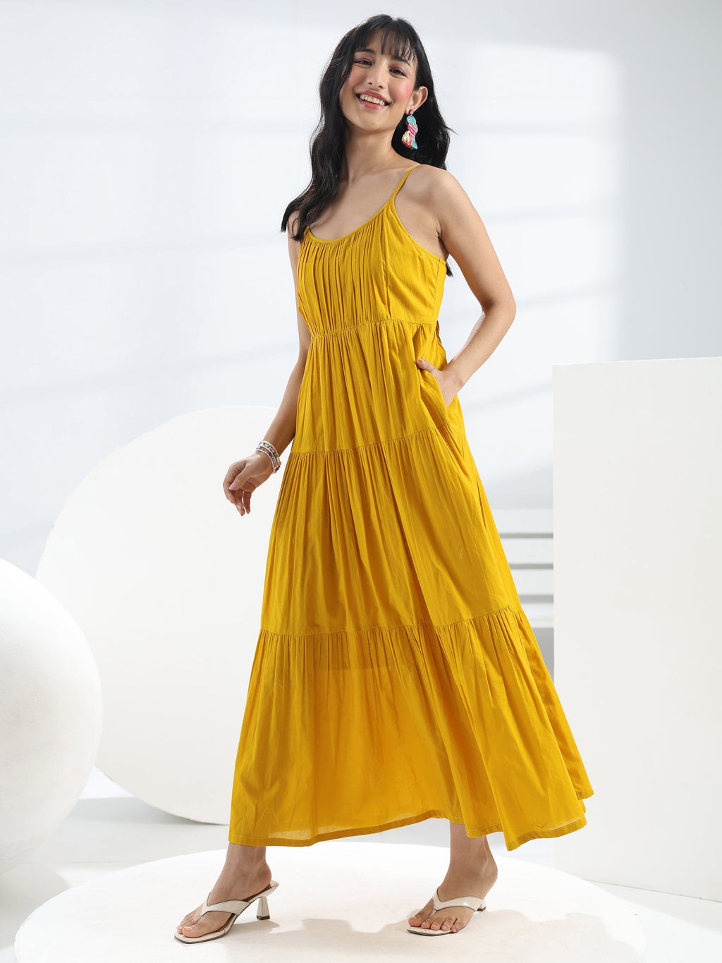 Libas Yellow Solid Cotton One-Piece Dress