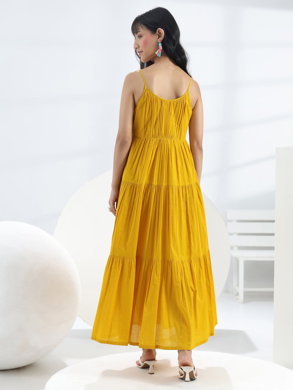 Libas Yellow Solid Cotton One-Piece Dress