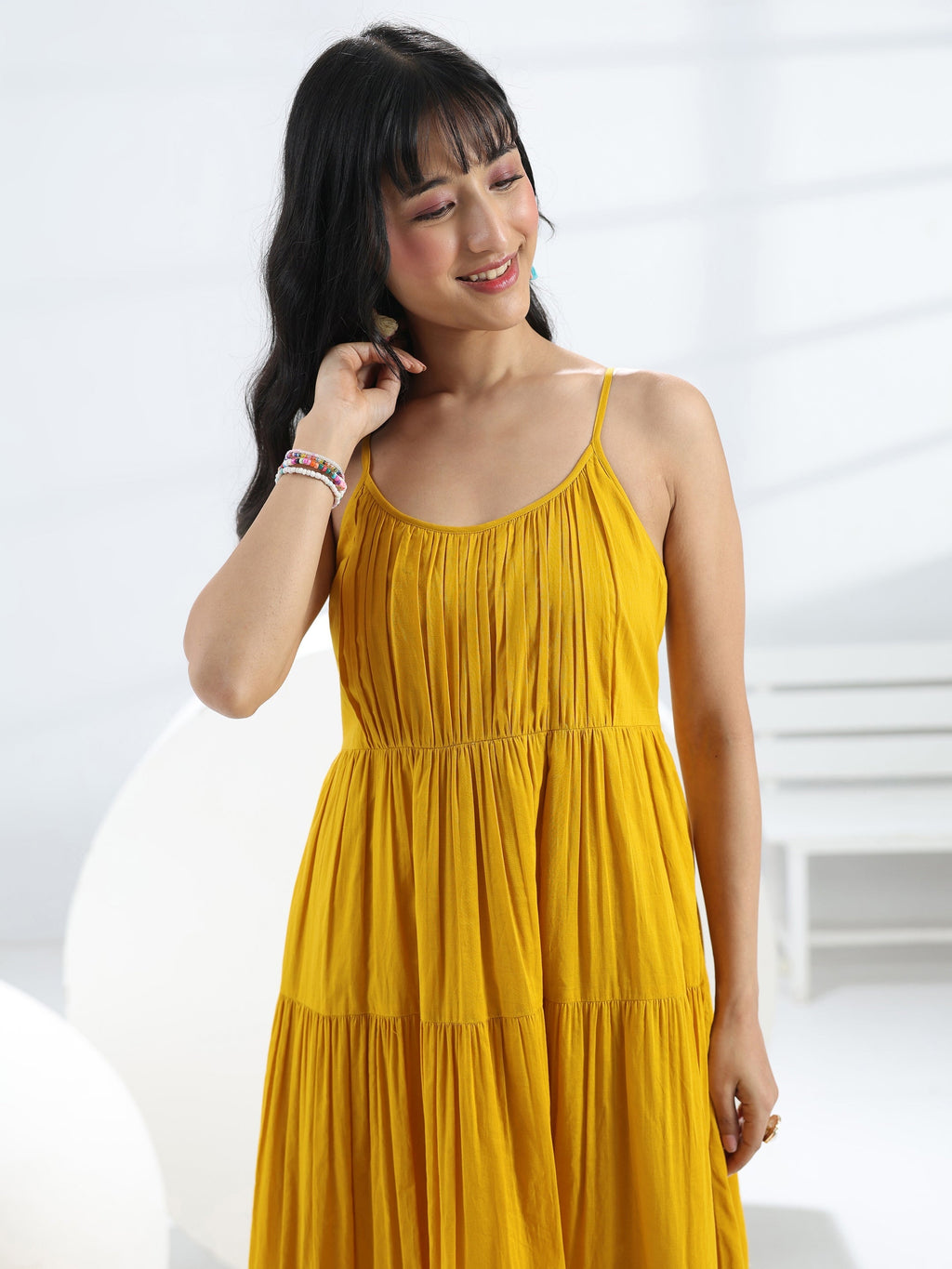 Libas Yellow Solid Cotton One-Piece Dress
