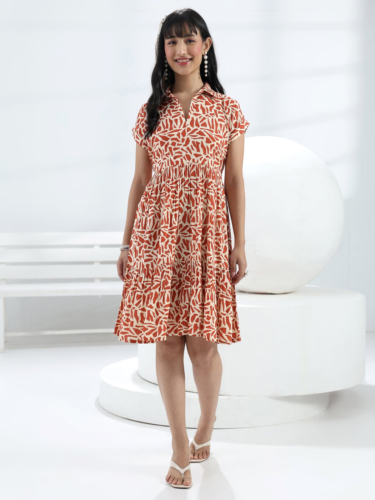 Libas Rust Abstract Printed Rayon One-Piece Dress