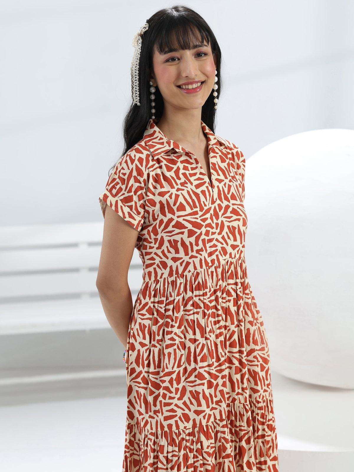 Libas Rust Abstract Printed Rayon One-Piece Dress