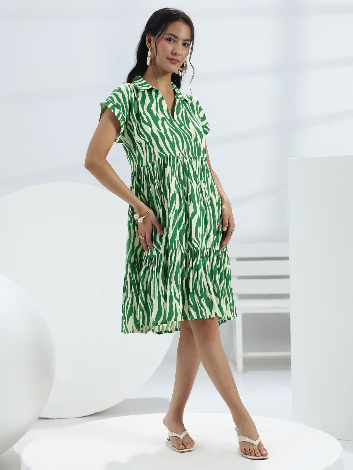 Libas Green Abstract Printed Rayon One-Piece Dress
