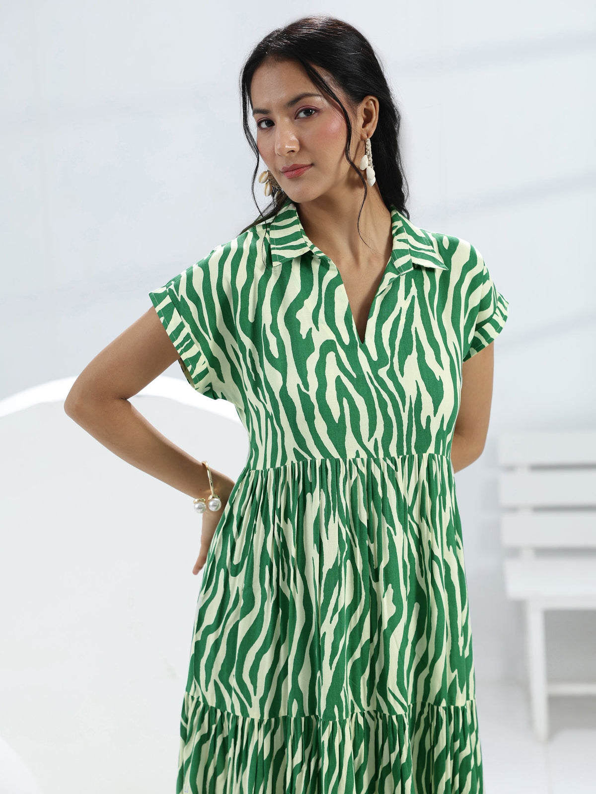 Libas Green Abstract Printed Rayon One-Piece Dress