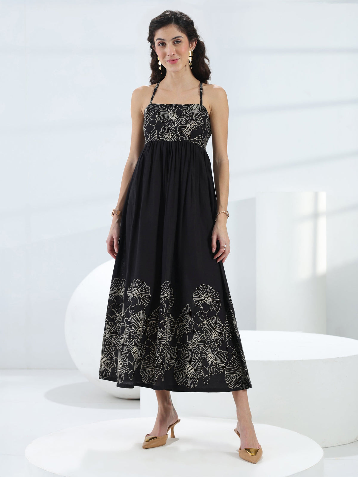 Libas Black Floral Printed Cotton Fit-And-Flare One-Piece Dress