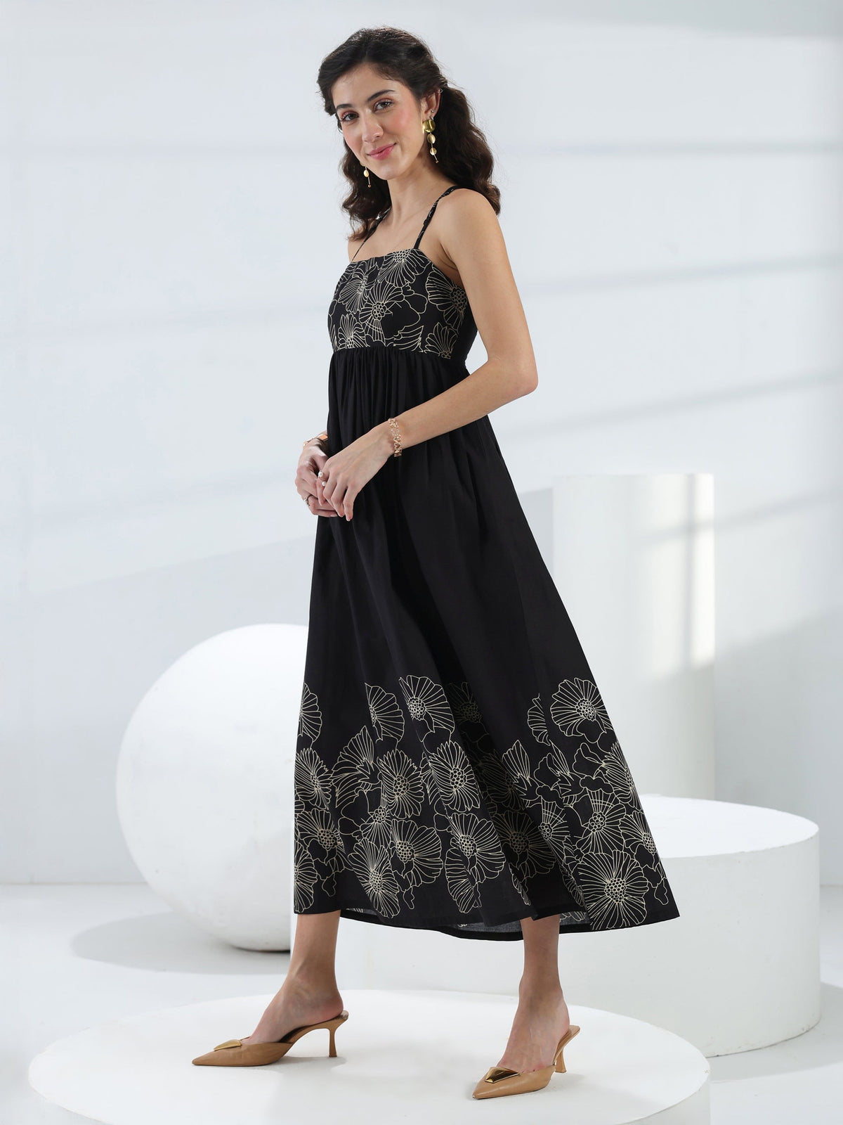 Libas Black Floral Printed Cotton Fit-And-Flare One-Piece Dress