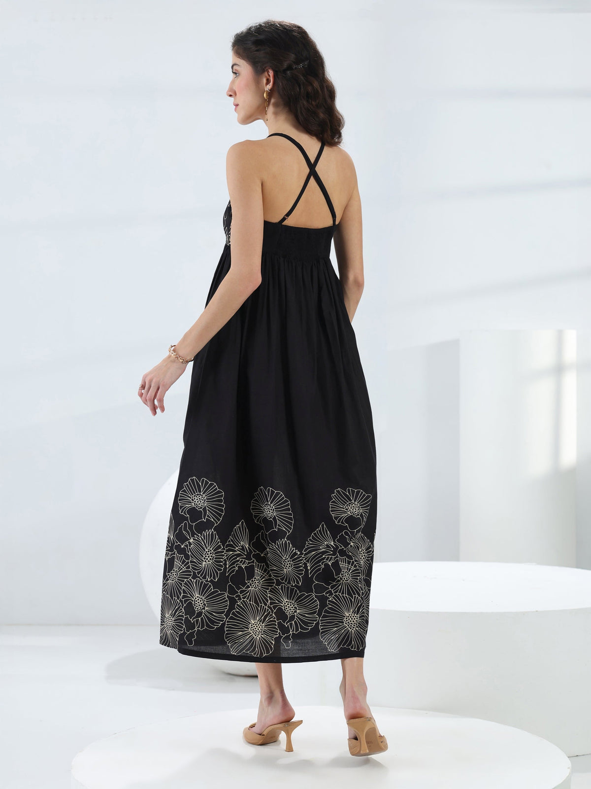 Libas Black Floral Printed Cotton Fit-And-Flare One-Piece Dress
