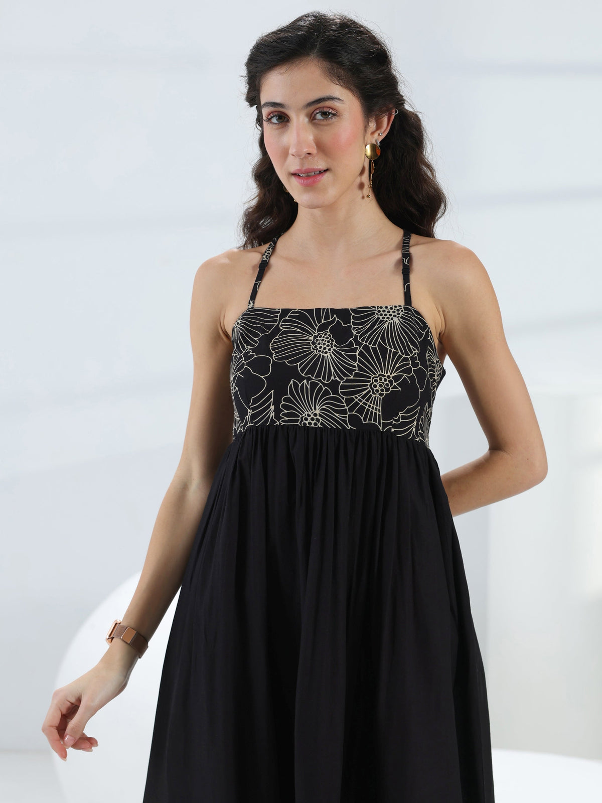 Libas Black Floral Printed Cotton Fit-And-Flare One-Piece Dress