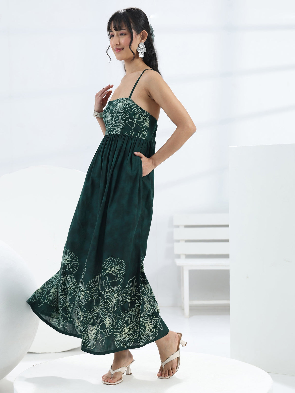 Libas Green Floral Printed Cotton Fit And Flare One Piece Dress