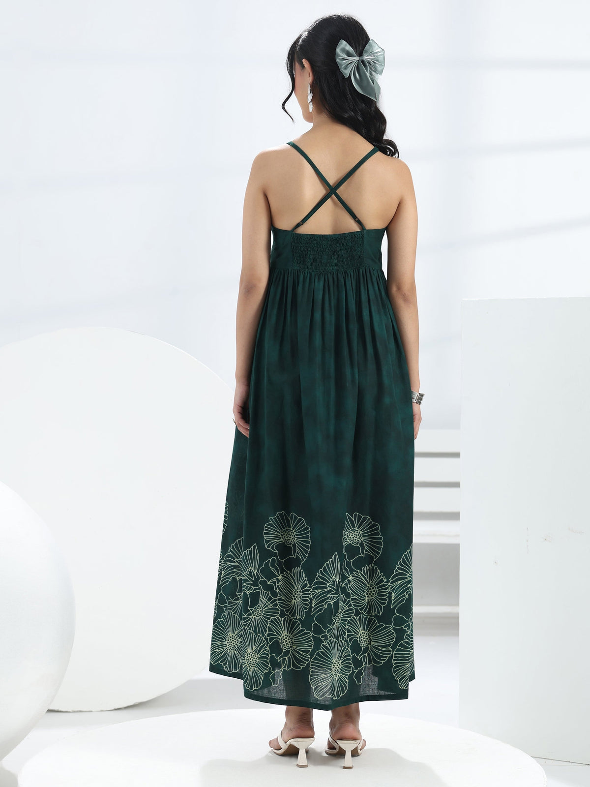 Libas Green Floral Printed Cotton Fit And Flare One Piece Dress