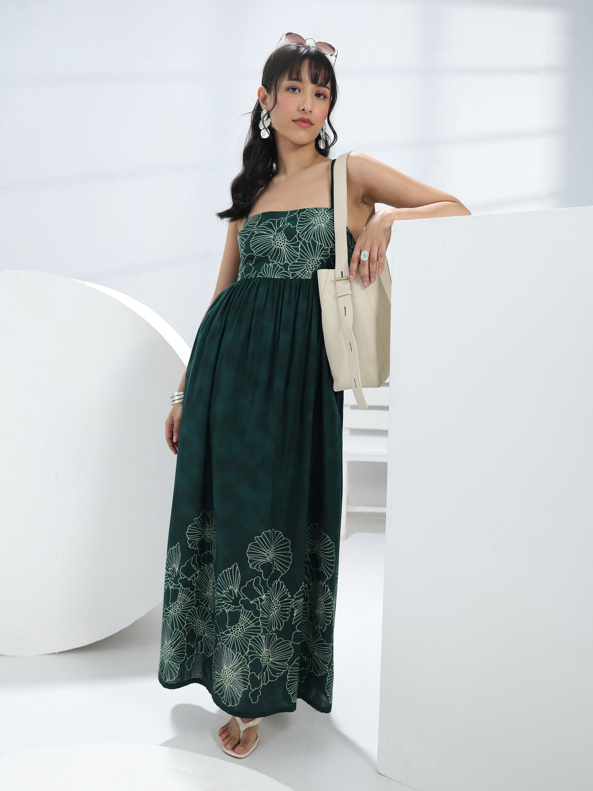 Libas Green Floral Printed Cotton Fit And Flare One Piece Dress