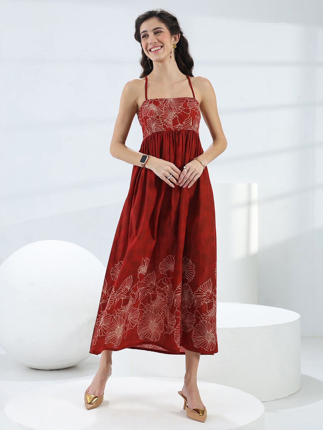 Libas Rust Floral Printed Cotton Fit-And-Flare One-Piece Dress