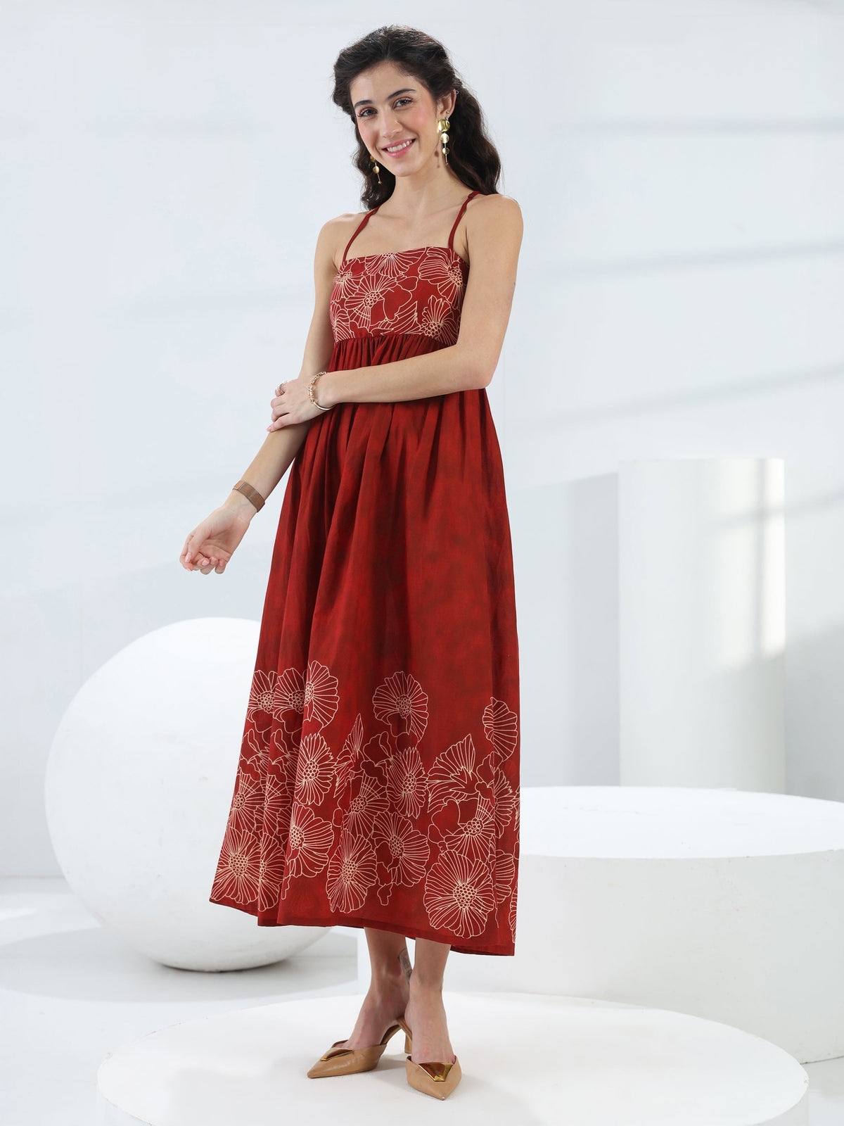 Libas Rust Floral Printed Cotton Fit-And-Flare One-Piece Dress