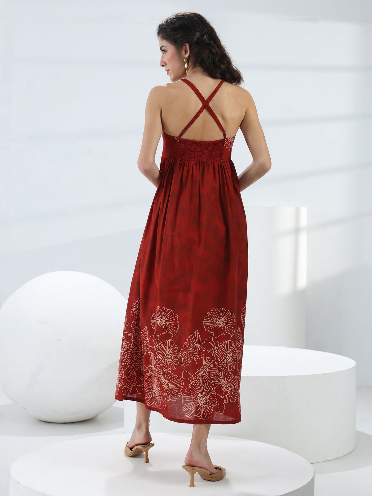 Libas Rust Floral Printed Cotton Fit-And-Flare One-Piece Dress