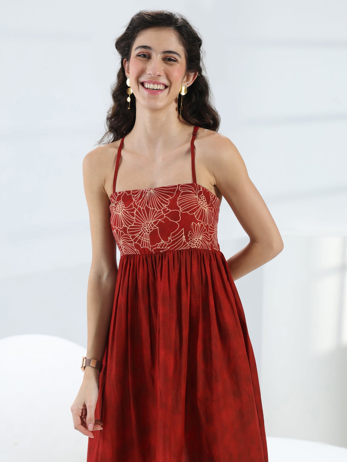 Libas Rust Floral Printed Cotton Fit-And-Flare One-Piece Dress