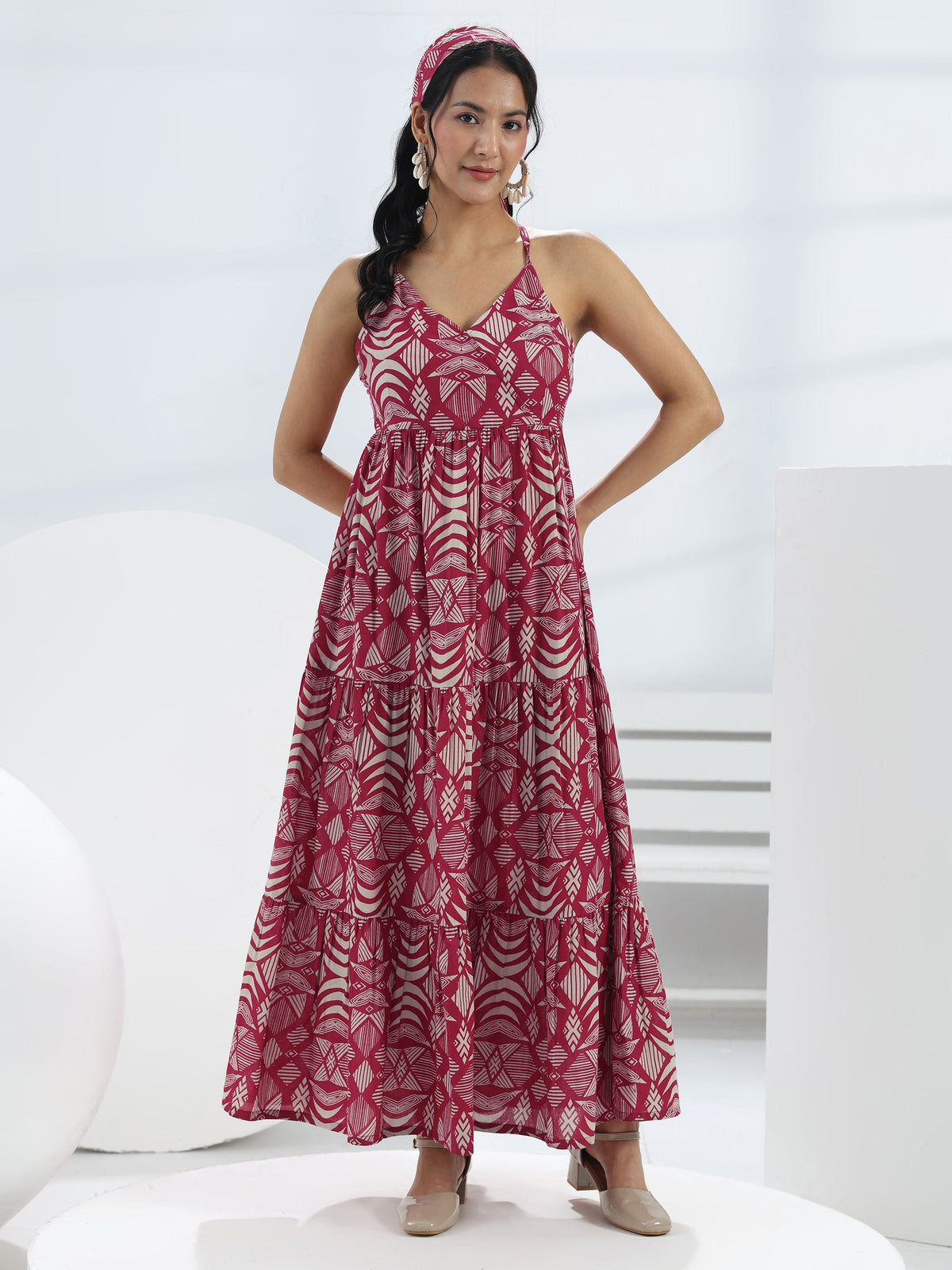 Libas Pink Abstract Printed Cotton A-Line One-Piece Tiered Dress