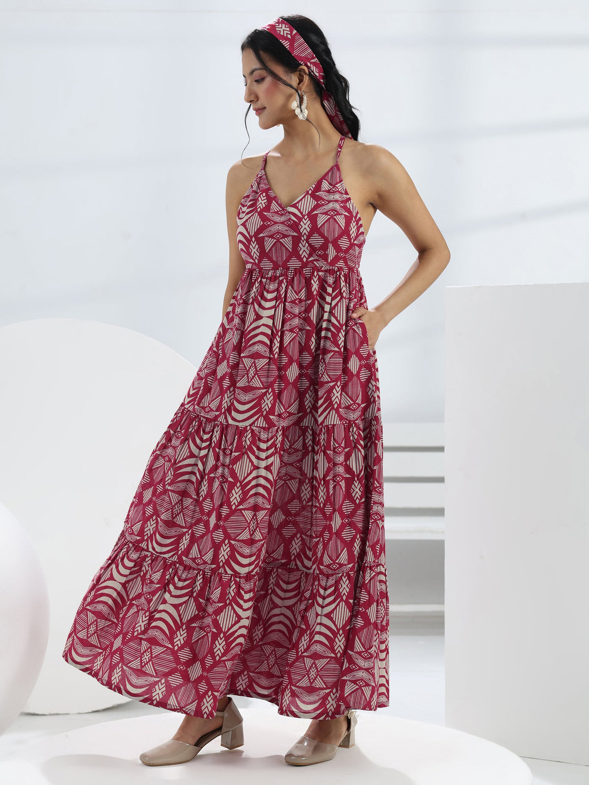 Libas Pink Abstract Printed Cotton A-Line One-Piece Tiered Dress