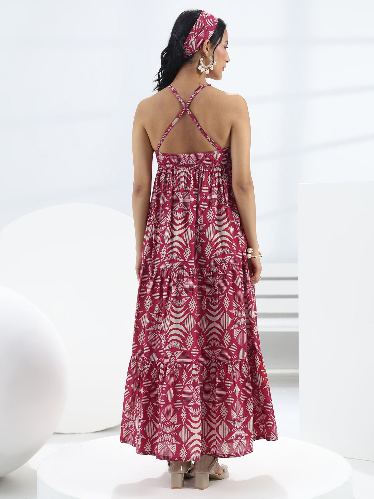 Libas Pink Abstract Printed Cotton A-Line One-Piece Tiered Dress