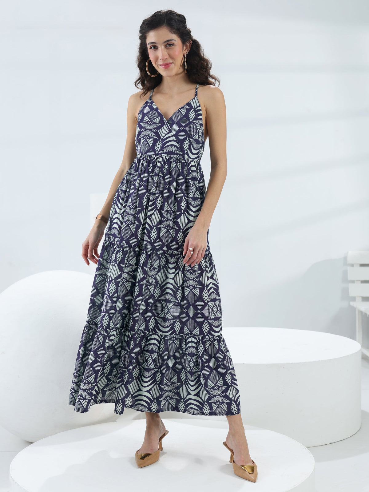 Libas Blue Abstract Printed Cotton Fit-And-Flare One-Piece Tiered Dress